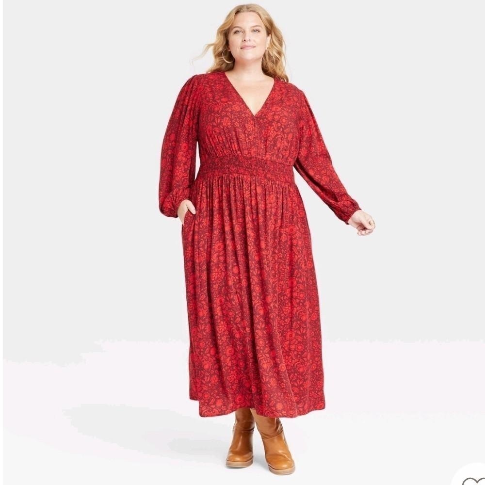 Women's Plus Size Long Sleeve A-Line Dress - Knox Rose™ Wine Red Floral Size 3X